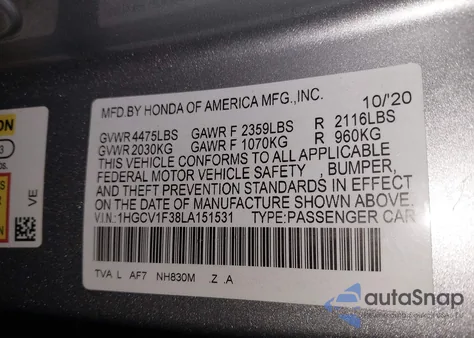 2020 Honda Accord Sport from USA, damaged, VIN 1HGCV1F38LA151531